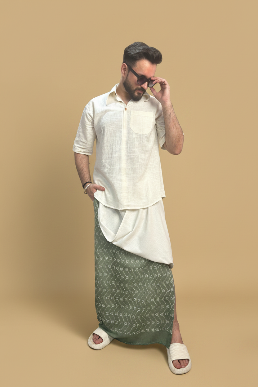 Men White Color  Pajamalungi With Green Embroidery Panel