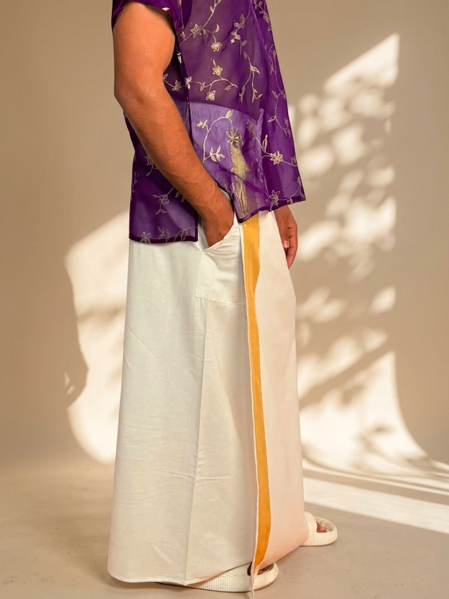 Men White Color With  Golden Zari Stripe Pajamalungi