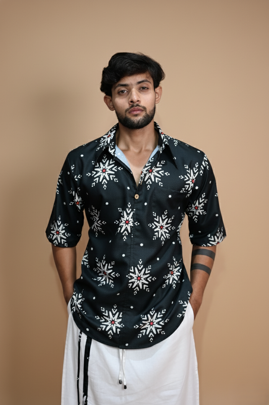 Snowflake Charm Navy Color Digital Print Kurta Shirt For Men's