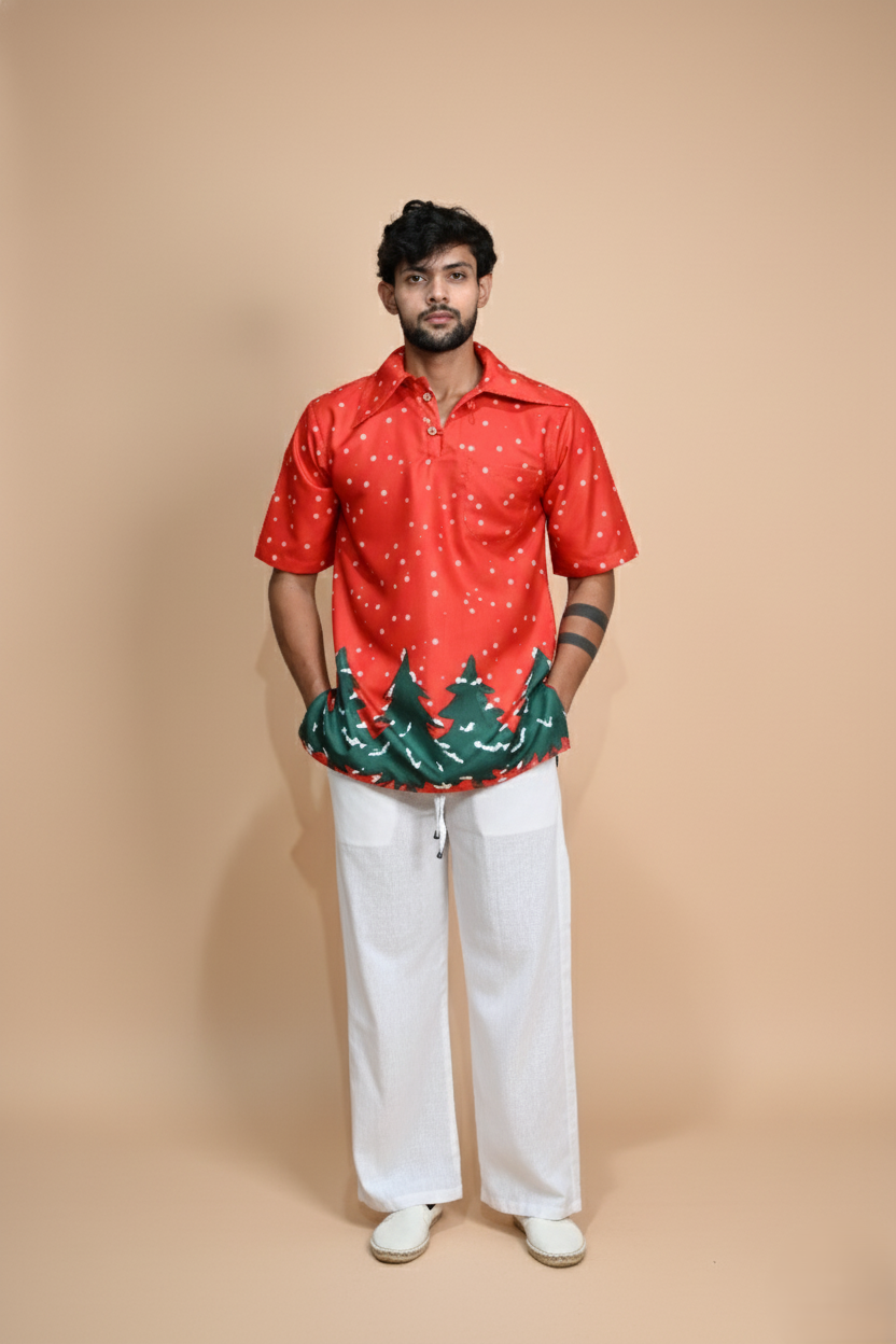 Red Tree Line Kurta For Men's