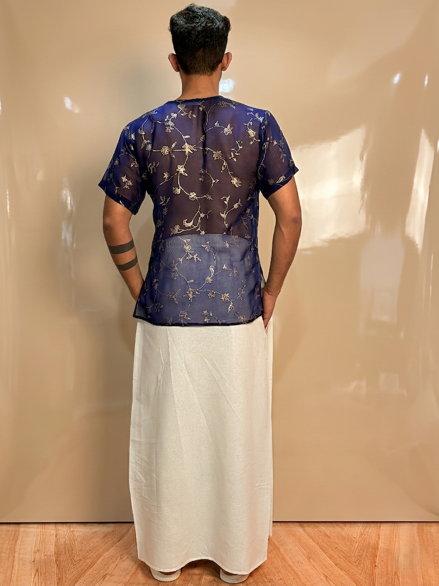 Men Navy Blue Colour Viscose Organza Foil Print Kurta