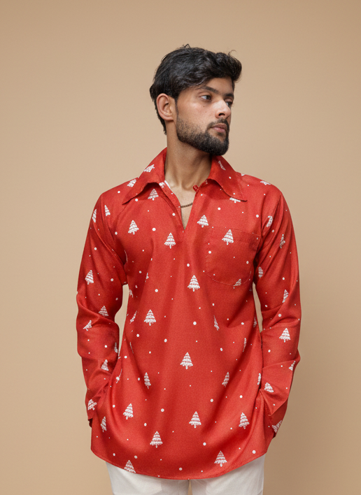 Men Red Christmas-Tree Pattern Kurta