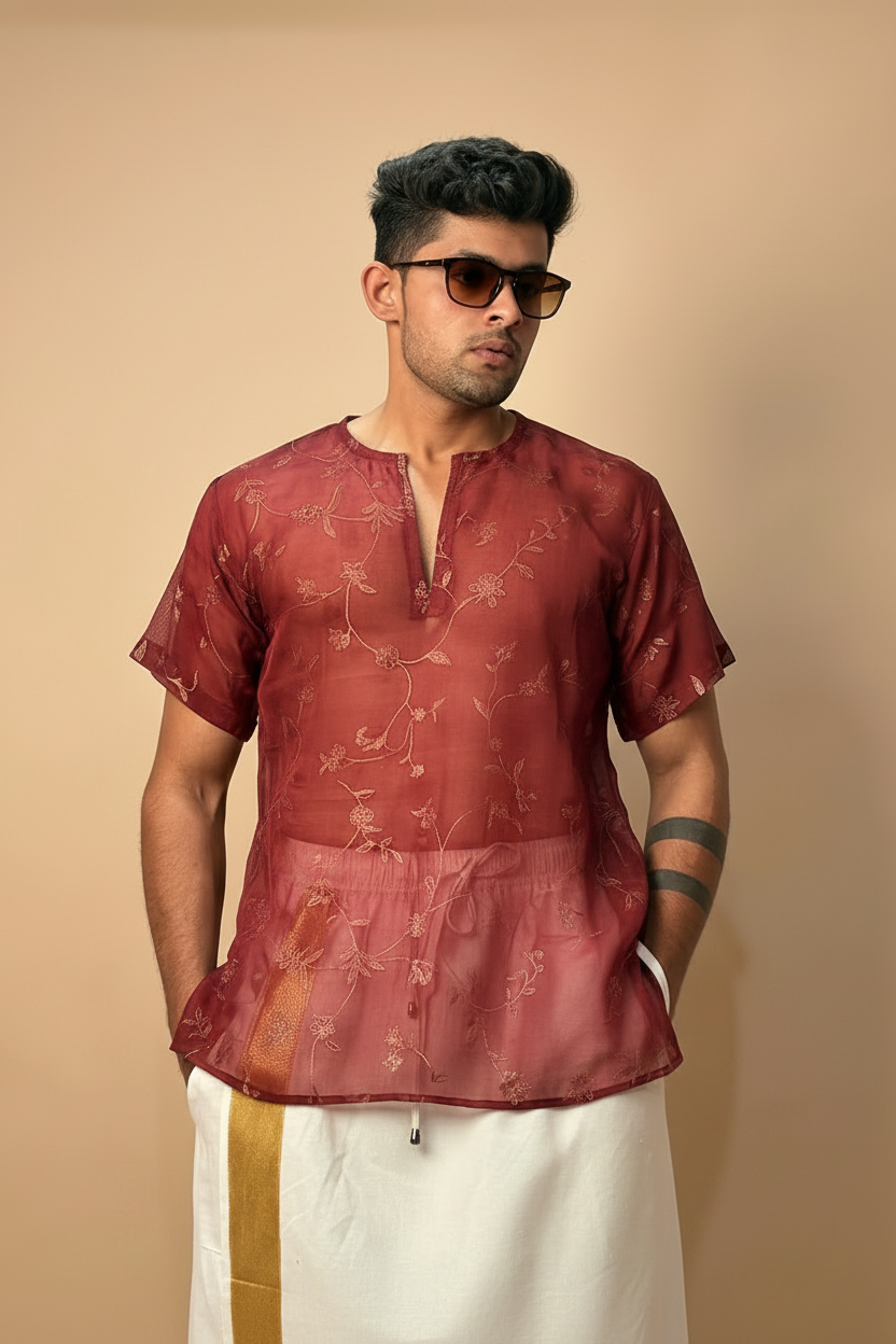 Men Maroon Colour Viscose Organza Foil Print Kurta