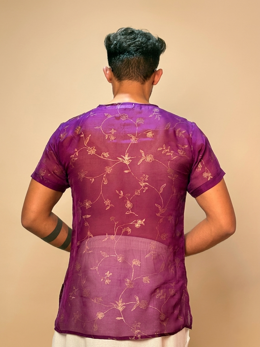 Men Purple Colour Viscose Organza Foil Print Kurta