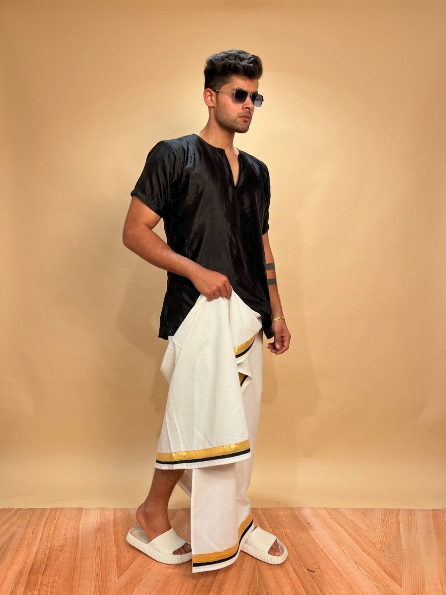 Men Black Colour Silk Kurta.