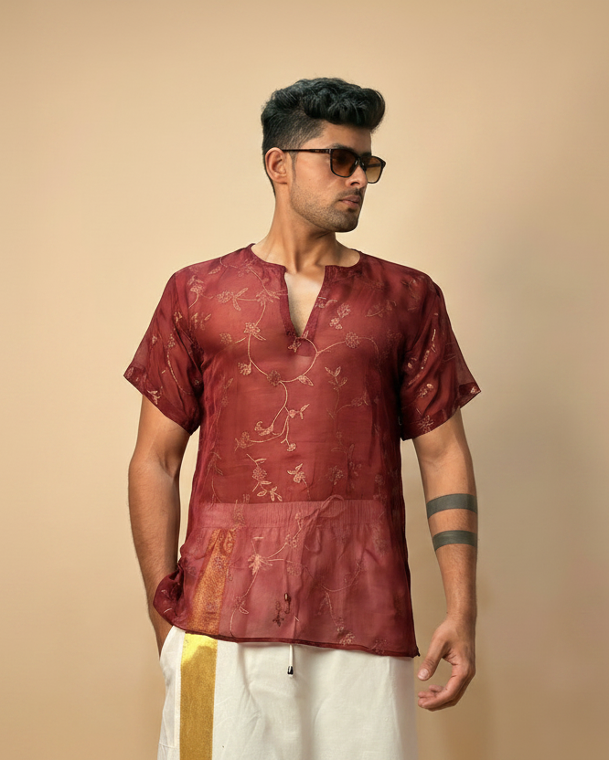 Men Maroon Colour Viscose Organza Foil Print Kurta
