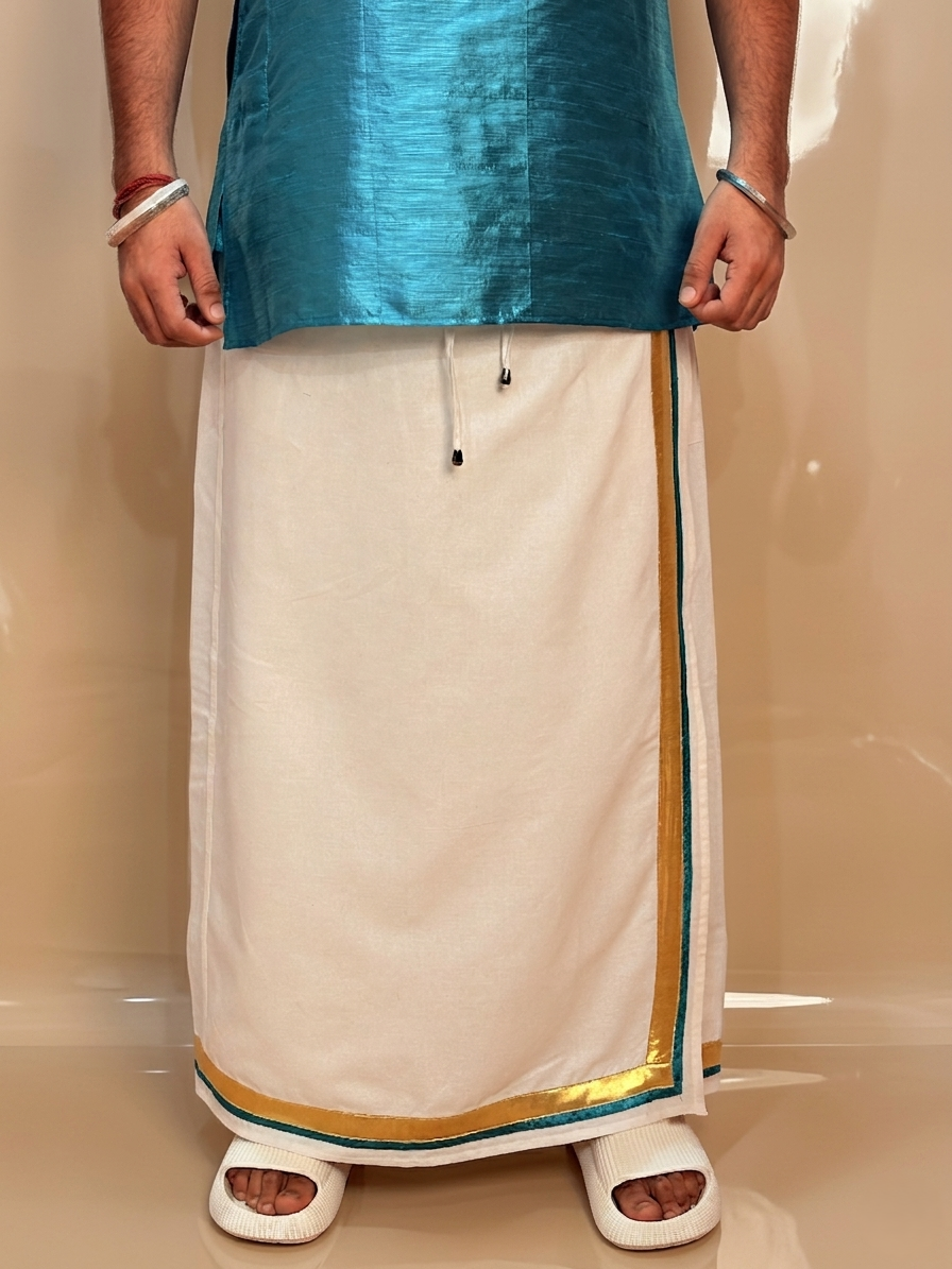 Men White Color With Golden Zari & Ramagreen Stripe Pajamalungi