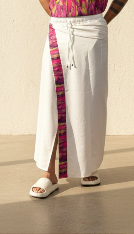 Men's White Cotton Pajamalungi with Vertical Contrast Stripe