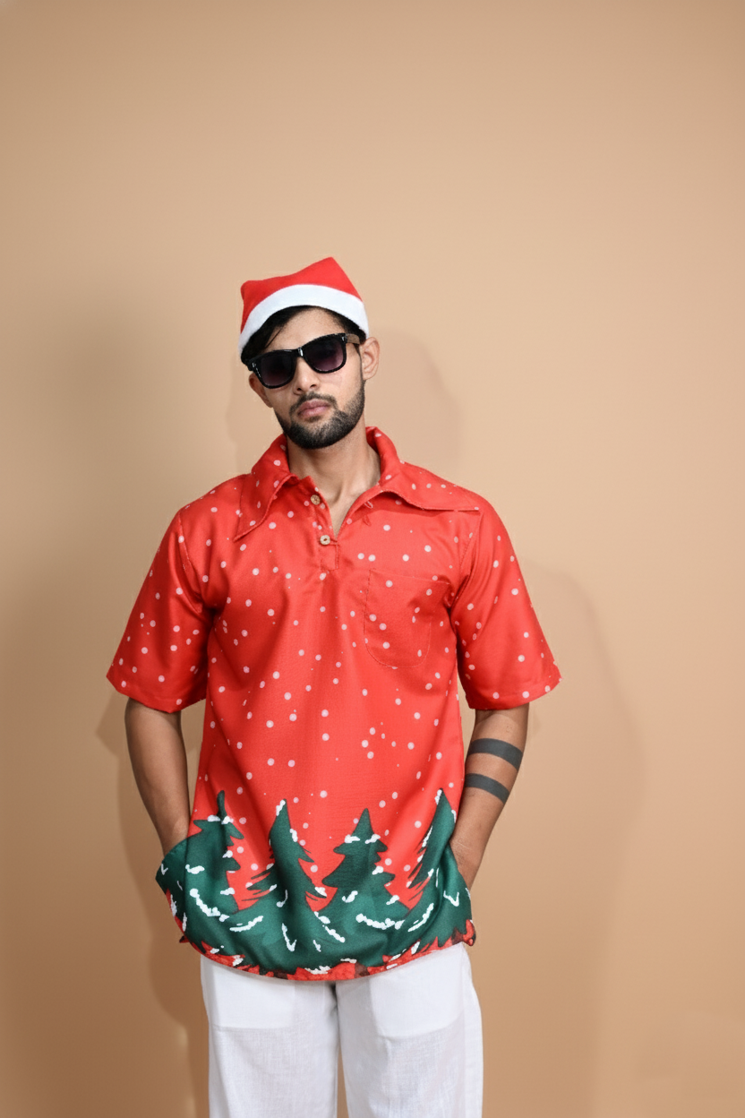 Red Tree Line Kurta For Men