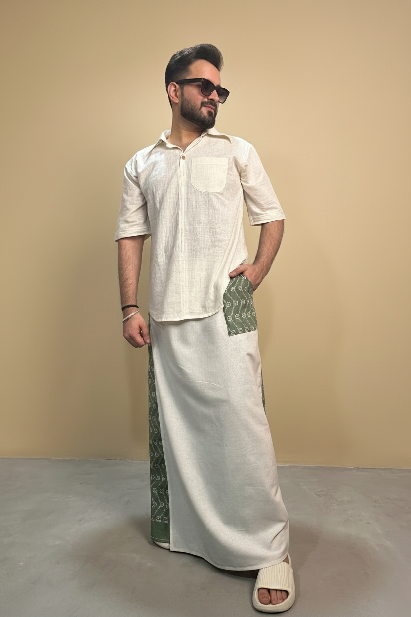 Men White Color  Pajamalungi With Green Embroidery Panel