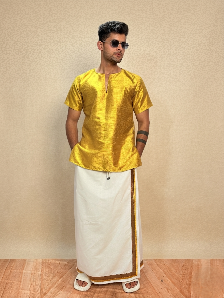 Men Mustard Yellow  Colour Mulberry Silk Kurta.