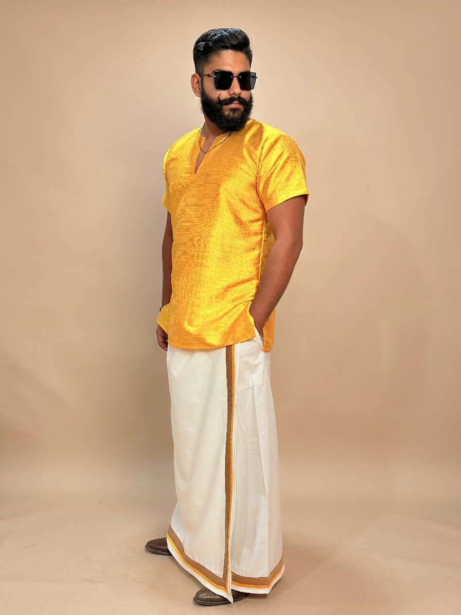 Men Yellow Colour Mulberry Silk Kurta.