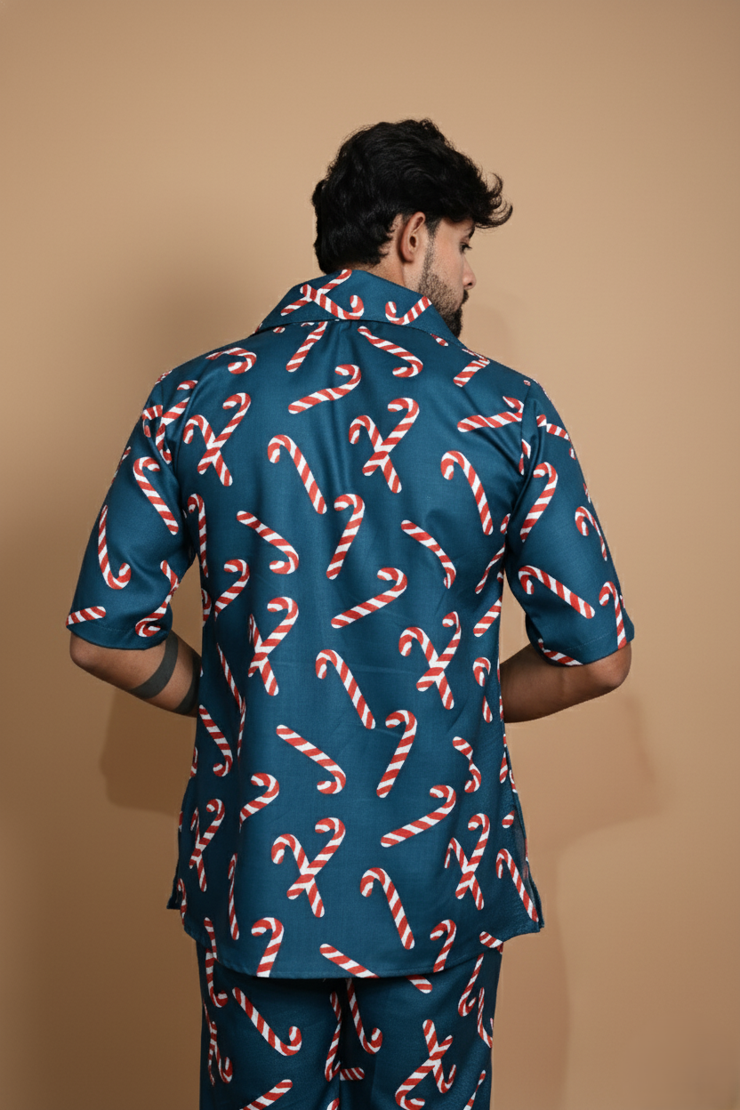 Dark Teal Candy Cane Digital Print Pajama For Men's