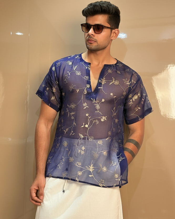 Men Navy Blue Colour Viscose Organza Foil Print Kurta
