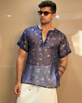 Men Navy Blue Colour Viscose Organza Foil Print Kurta