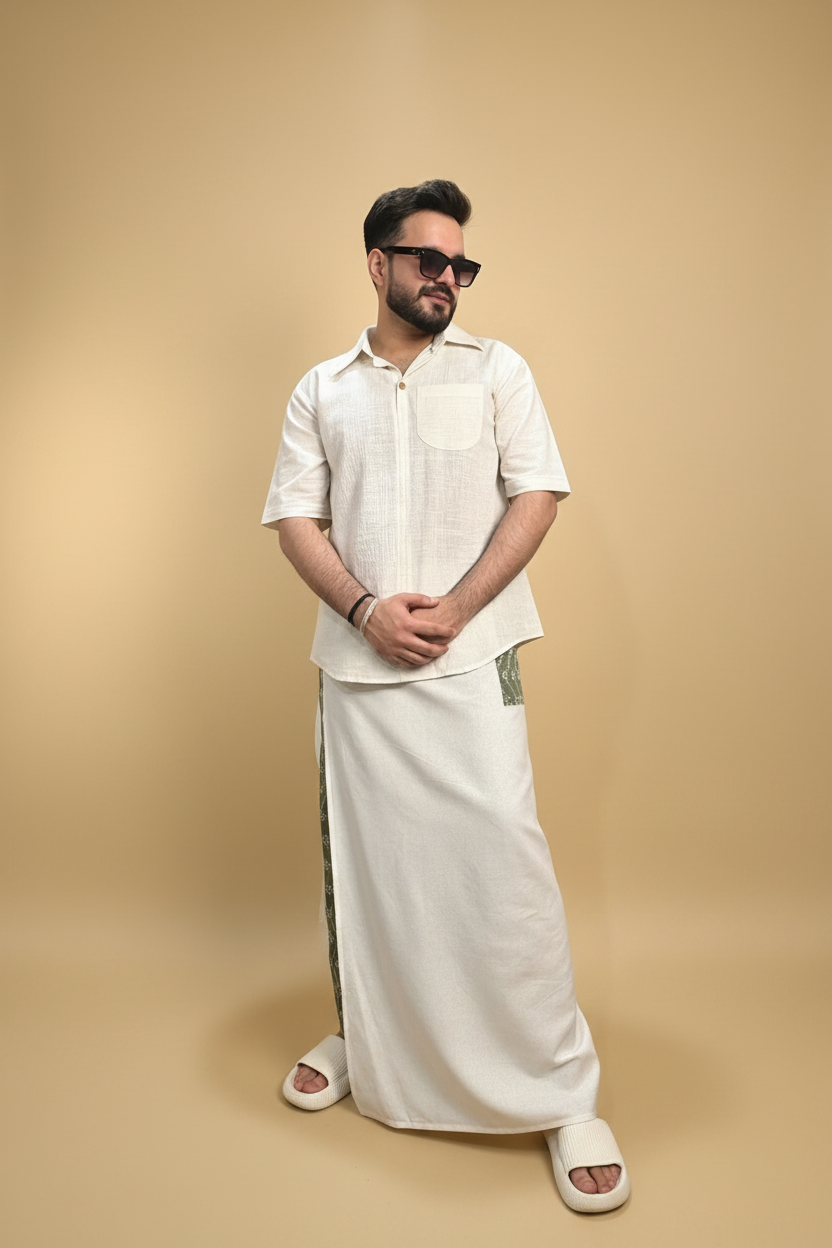 Men White Color  Pajamalungi With Green Embroidery Panel