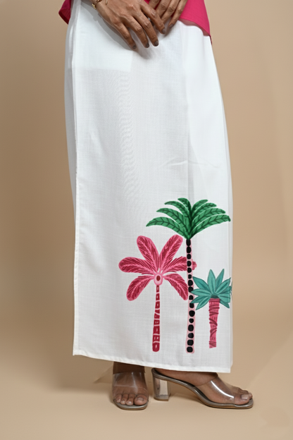 Women Coconut Tree Printed White Pajamalungi