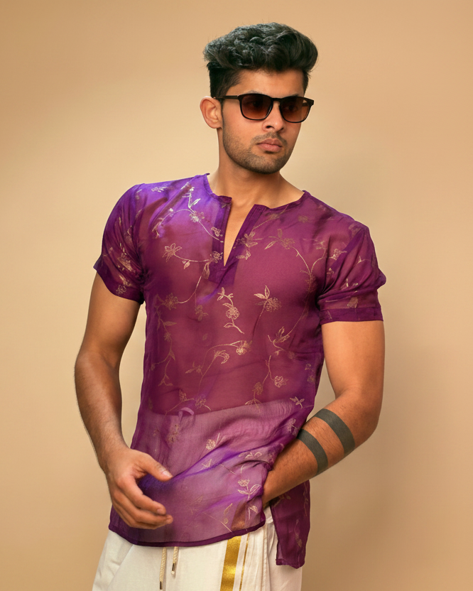 Men Purple Colour Viscose Organza Foil Print Kurta