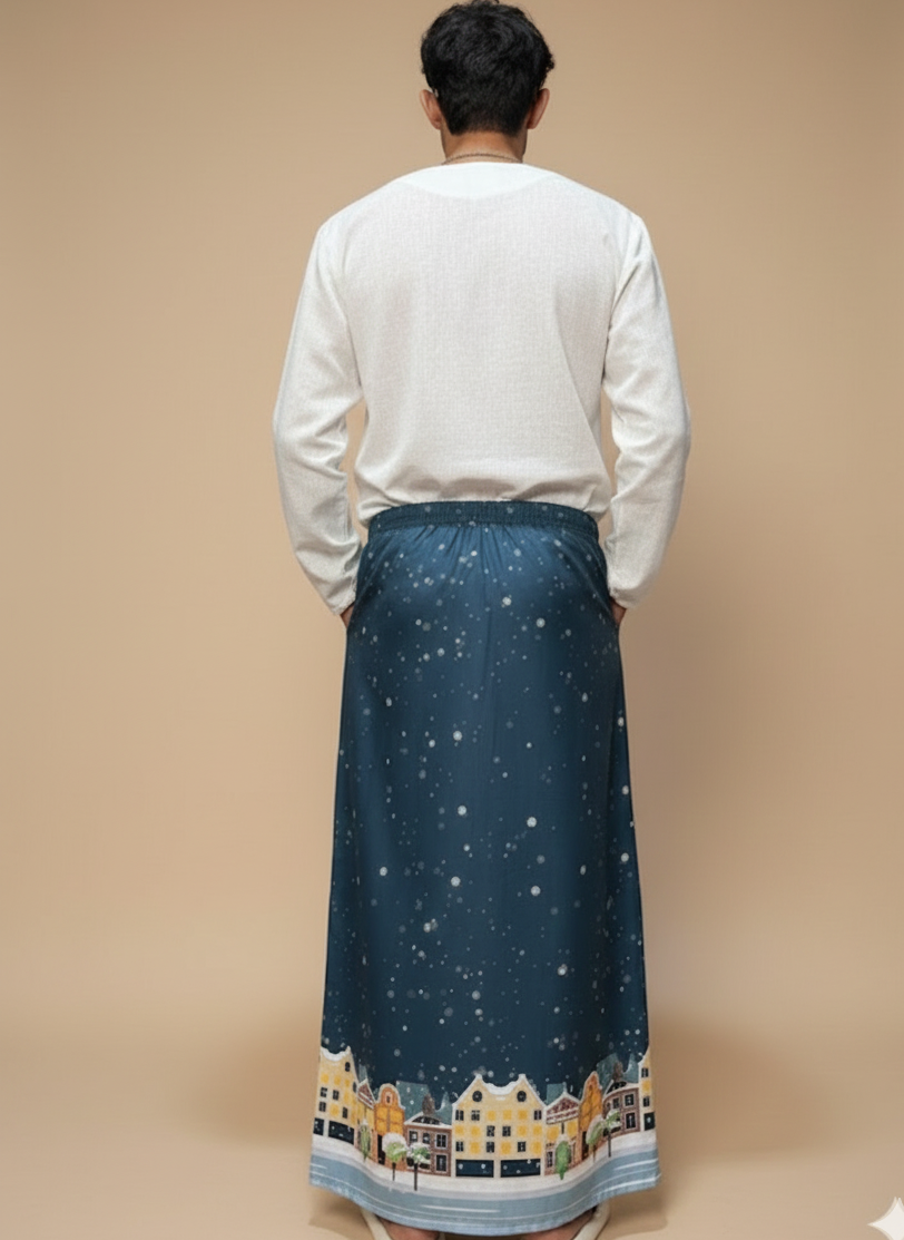 Men Blue Snow-City Print Pajamalungi