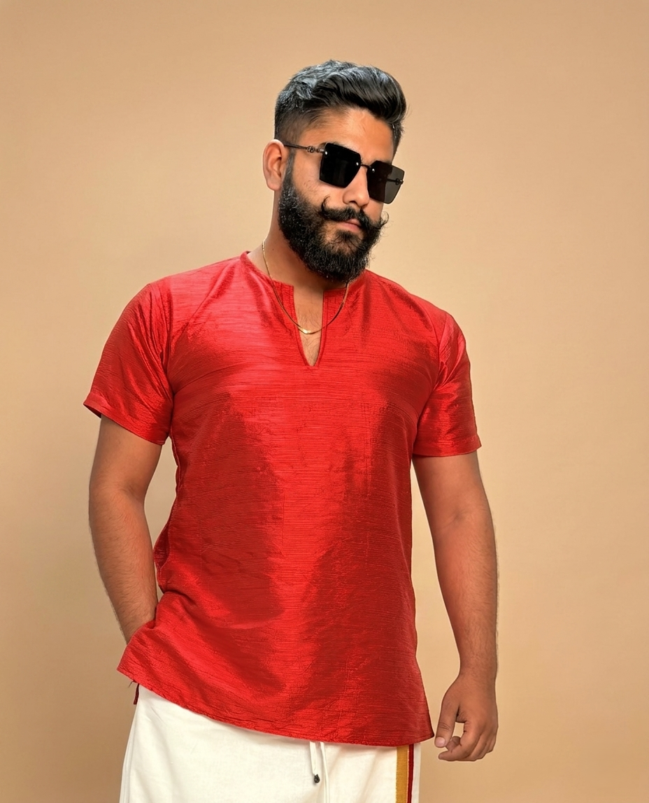 Men Red Colour Mulbery Silk Kurta