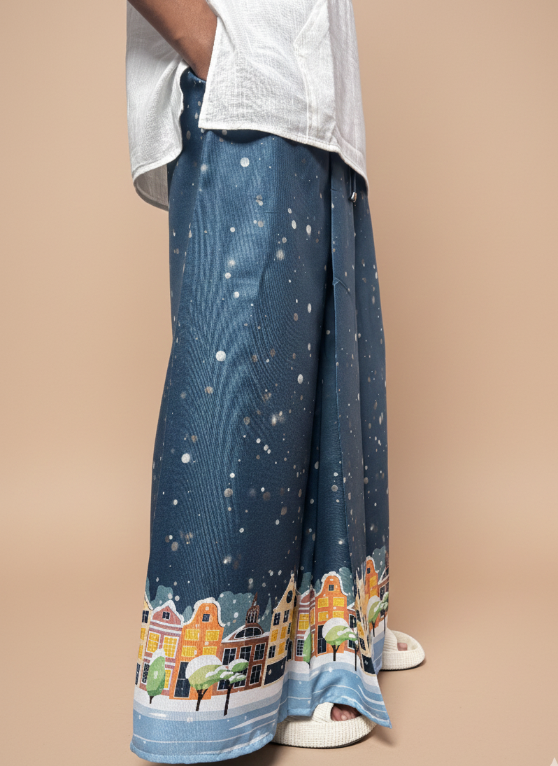 Men Blue Snow-City Print Pajamalungi