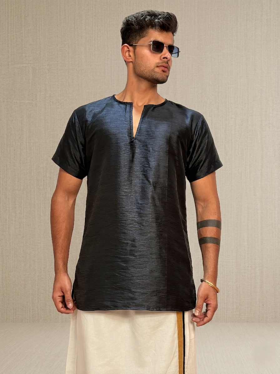 Men Black Colour Mulberry Silk Kurta.