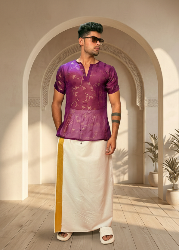 Men Purple Colour Viscose Organza Foil Print Kurta
