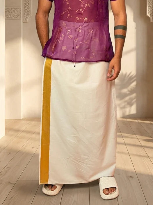 Men White Color With  Golden Zari Stripe Pajamalungi