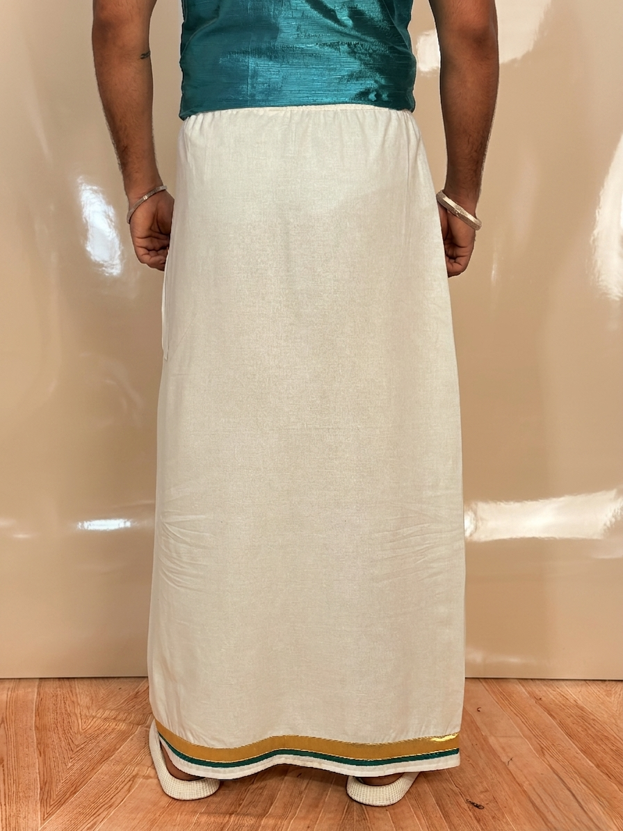 Men White Color With Golden Zari & Ramagreen Stripe Pajamalungi