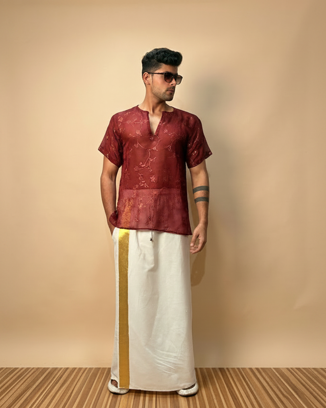 Men Maroon Colour Viscose Organza Foil Print Kurta