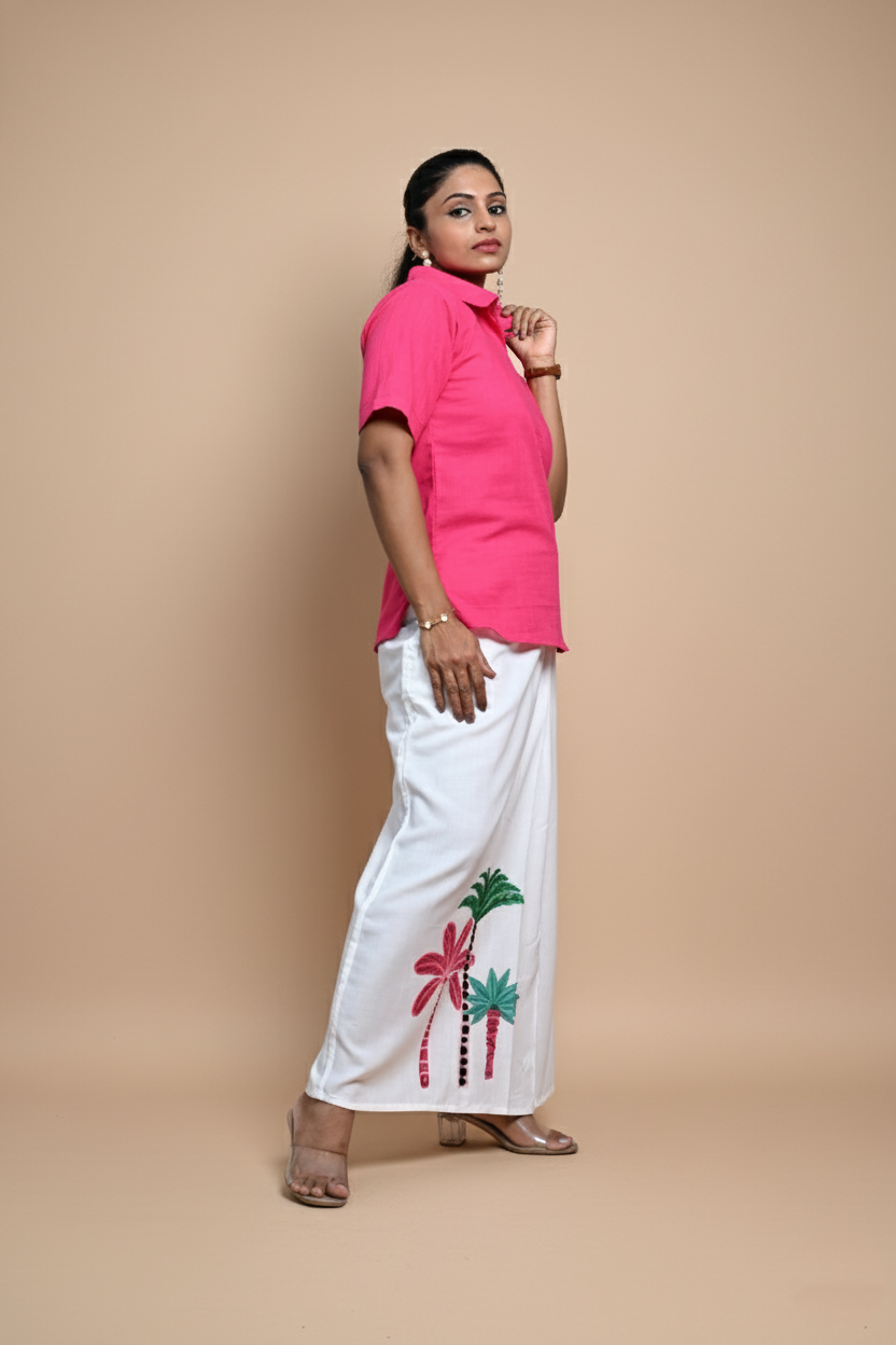 Women Coconut Tree Printed White Pajamalungi