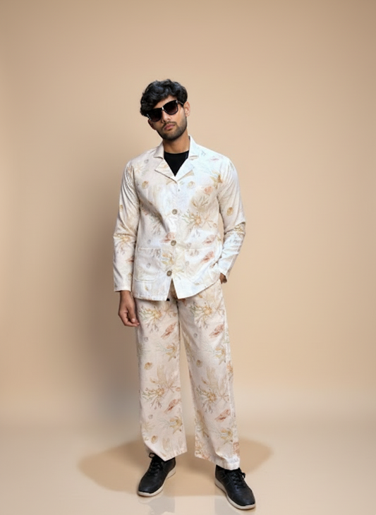 Cream floral Digital printed Blazer for Men's
