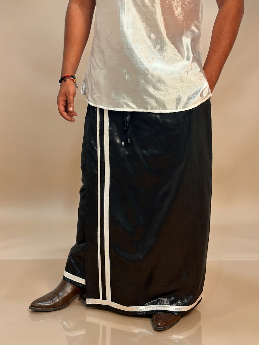 Men Black zari pajamalungi  With Silver Zari Stripe - Disco Pajamalungi