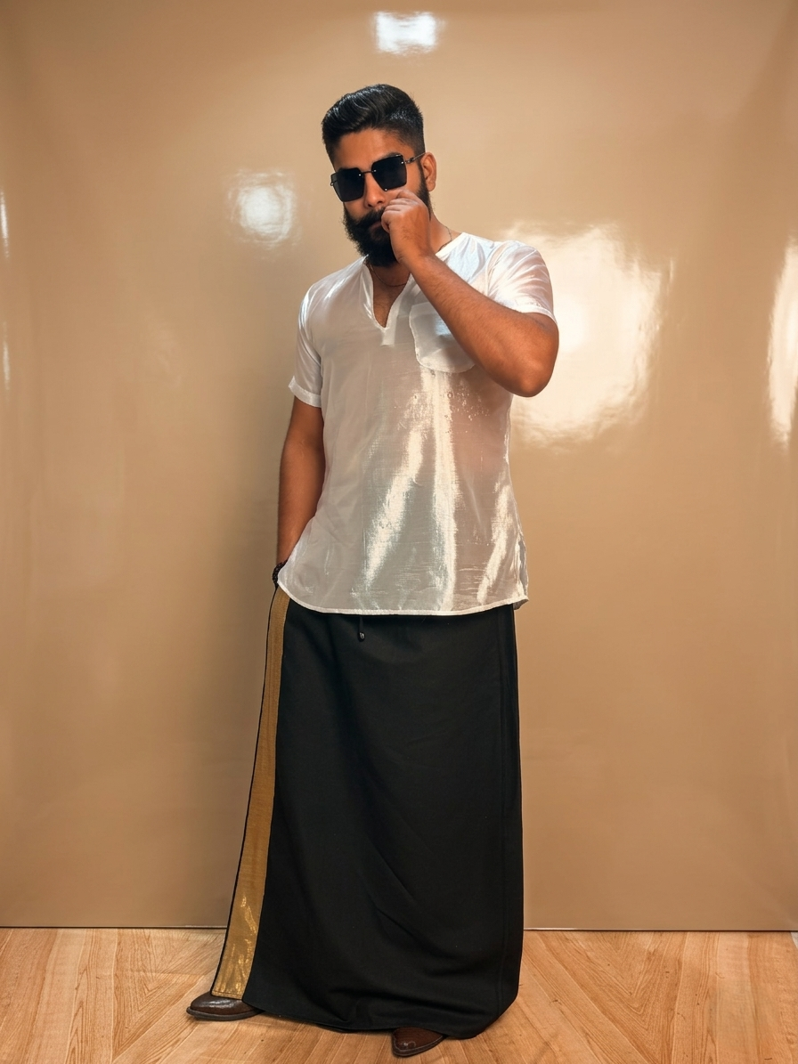 Men Black Color With Copper Zari Stripe Pajamalungi