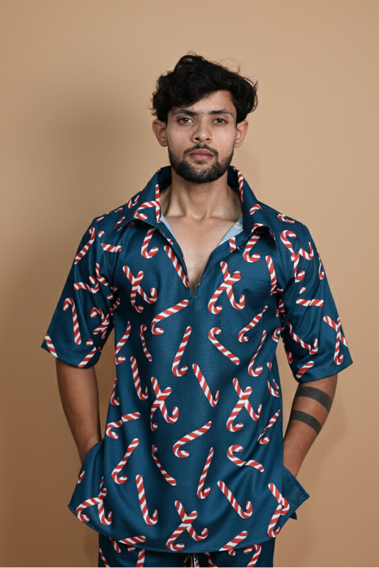 Dark Teal Candy CaneDigita Print Kurta For Men's