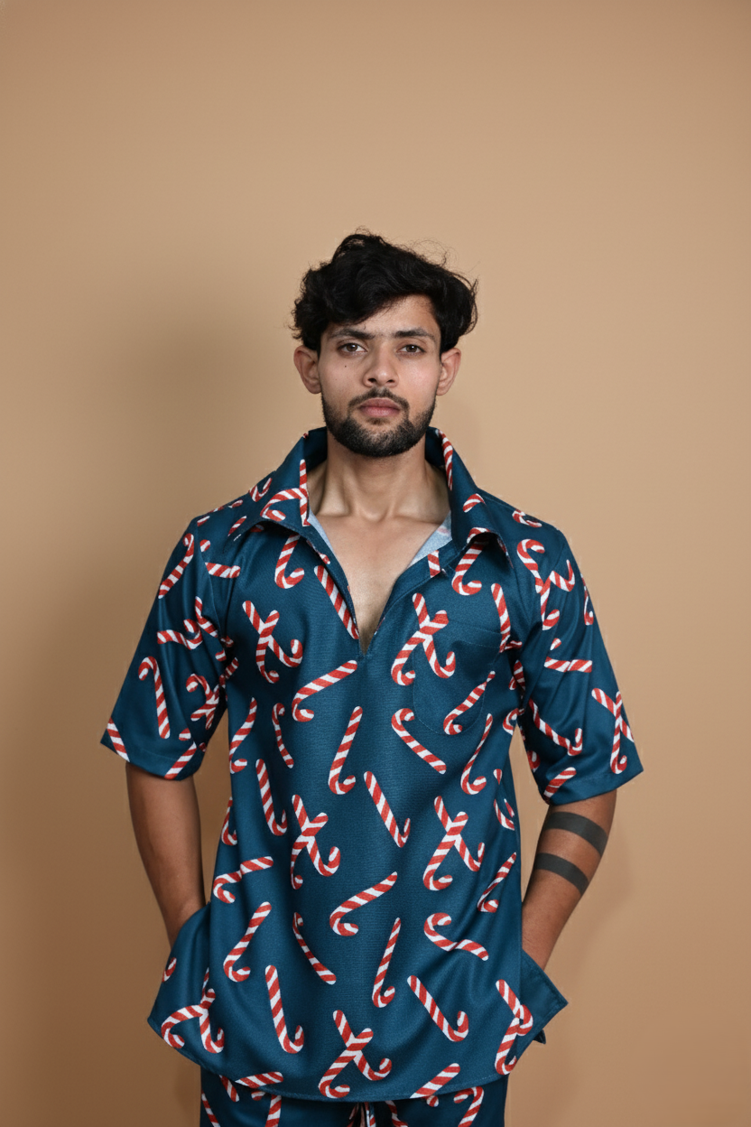 Dark Teal Candy Cane Digital Print Pajama For Men