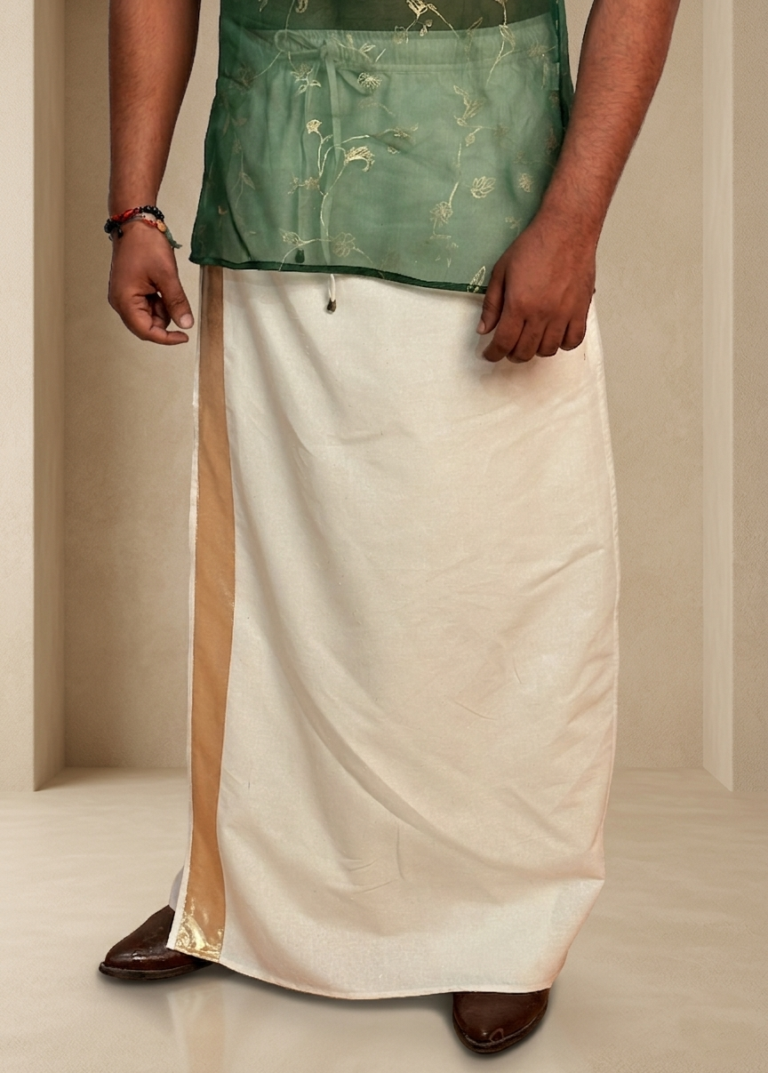 Men White Color With Light Golden Zari Stripe Pajamalungi