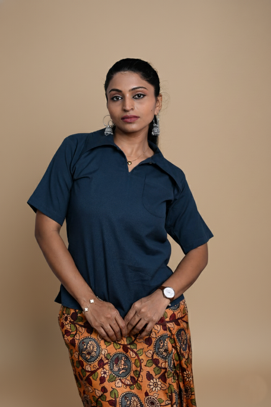 Women Solid Navy Blue Halfsleeve Kurti