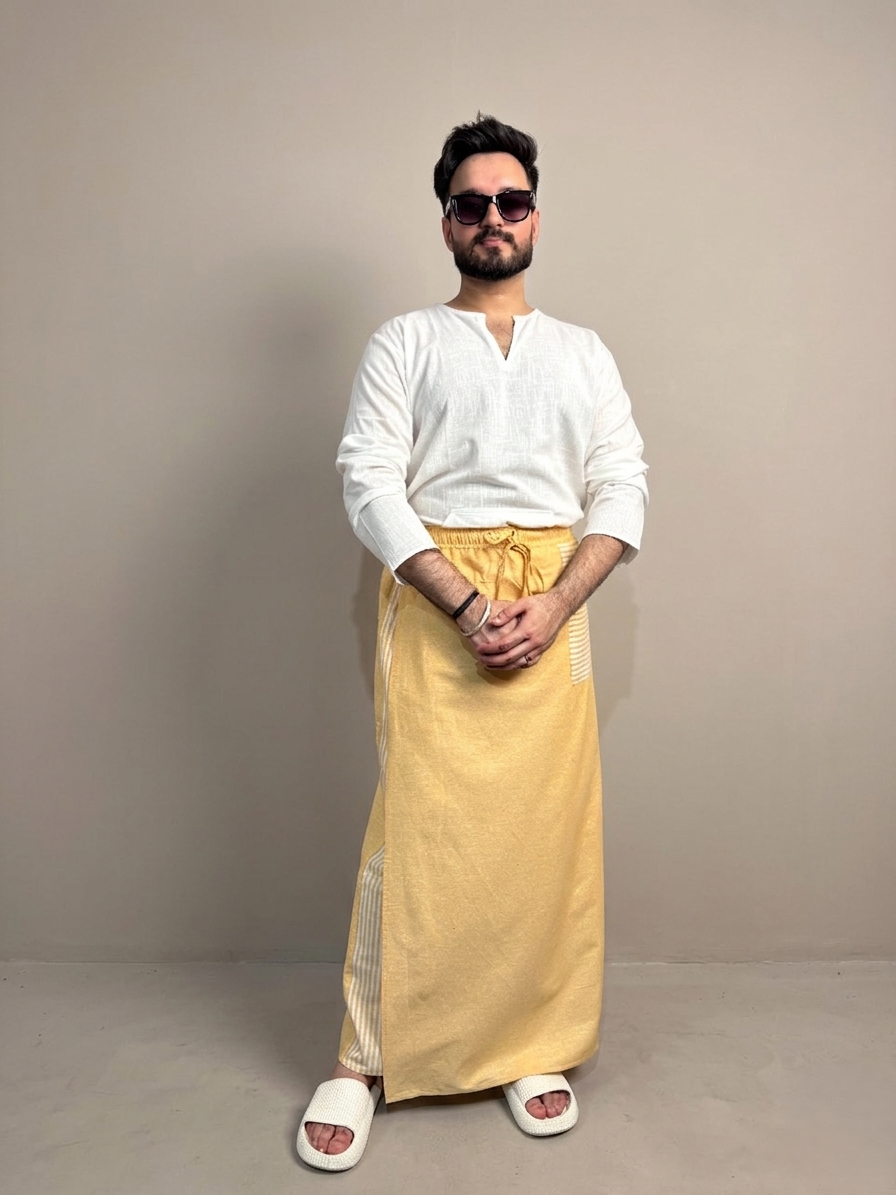 Men Yellow Color Pajamalungi With Yellow Stripe Panel