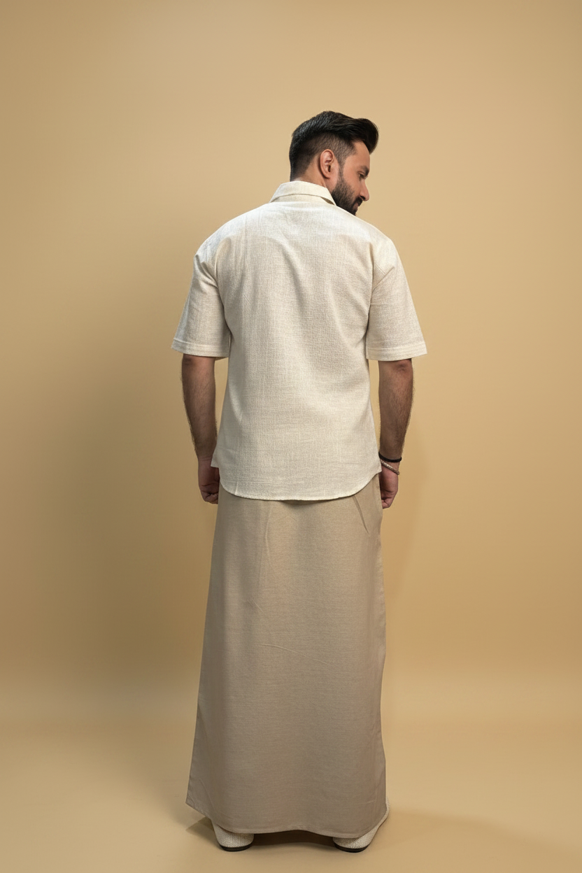 Men Beige Color  Pajamalungi With Brown Embroidery 1 Panel