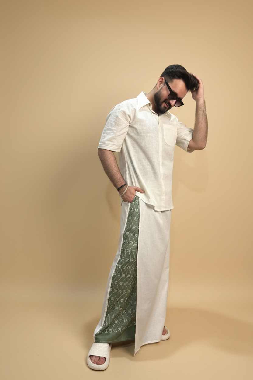 Men White Color  Pajamalungi With Green Embroidery Panel