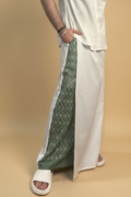 Men White Color  Pajamalungi With Green Embroidery Panel