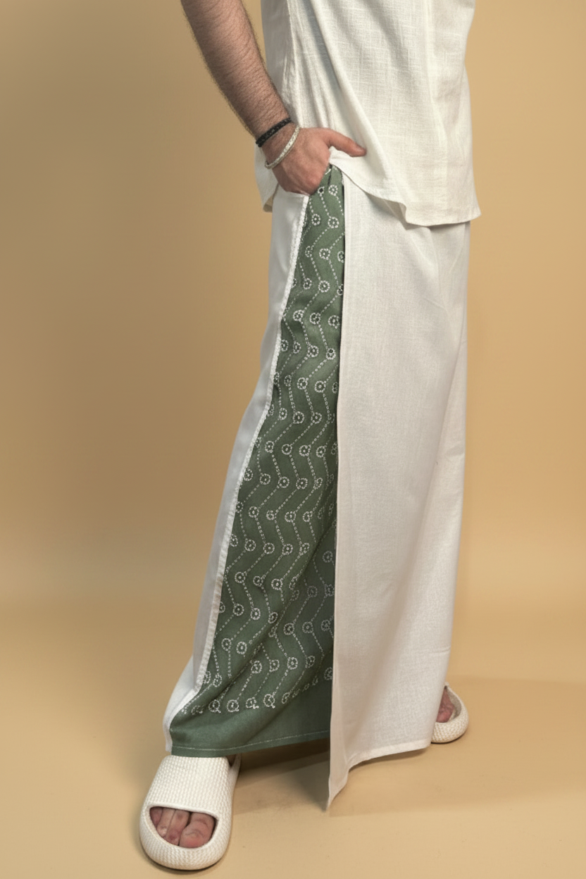 Men White Color  Pajamalungi With Green Embroidery Panel
