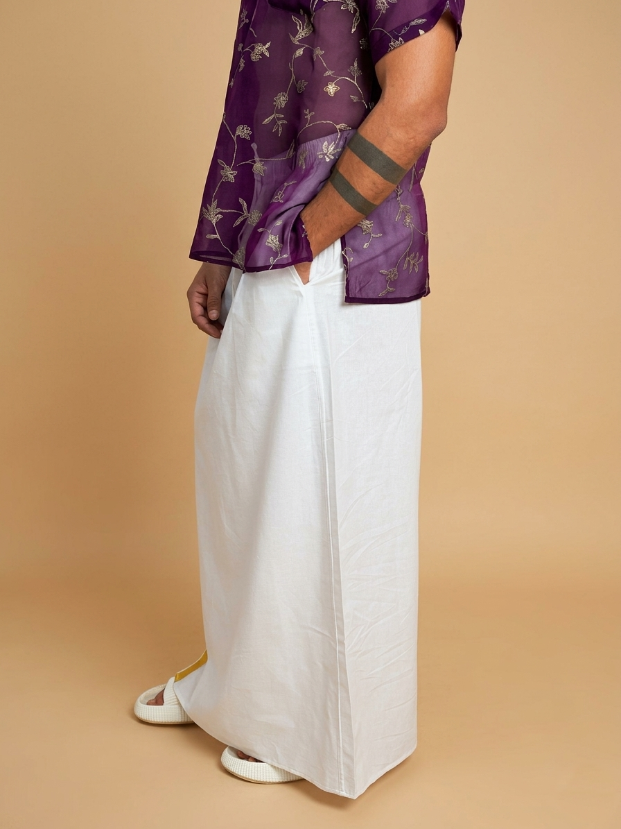 Men White Color With  Golden Zari Stripe Pajamalungi