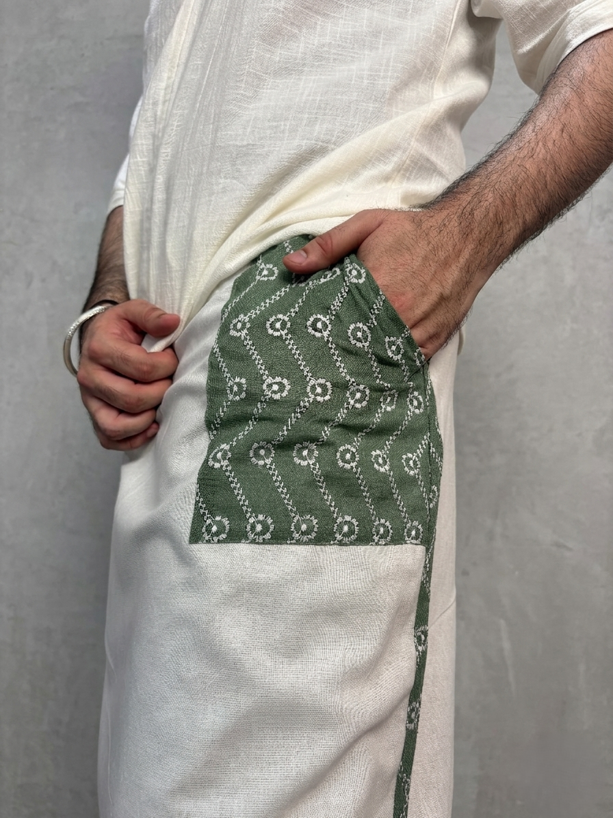 Men White Color  Pajamalungi With Green Embroidery Panel