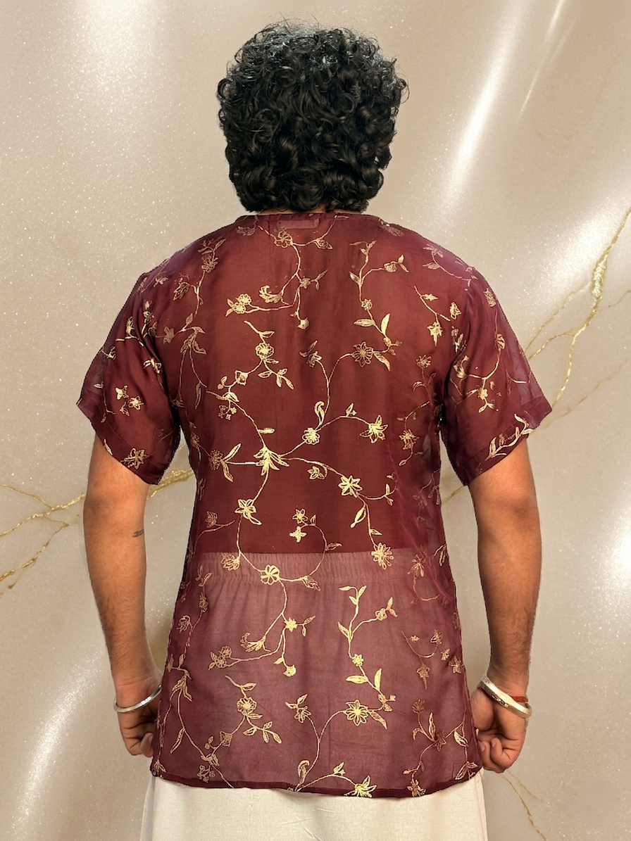 Men Wine Colour Viscose Organza Foil Print Kurta