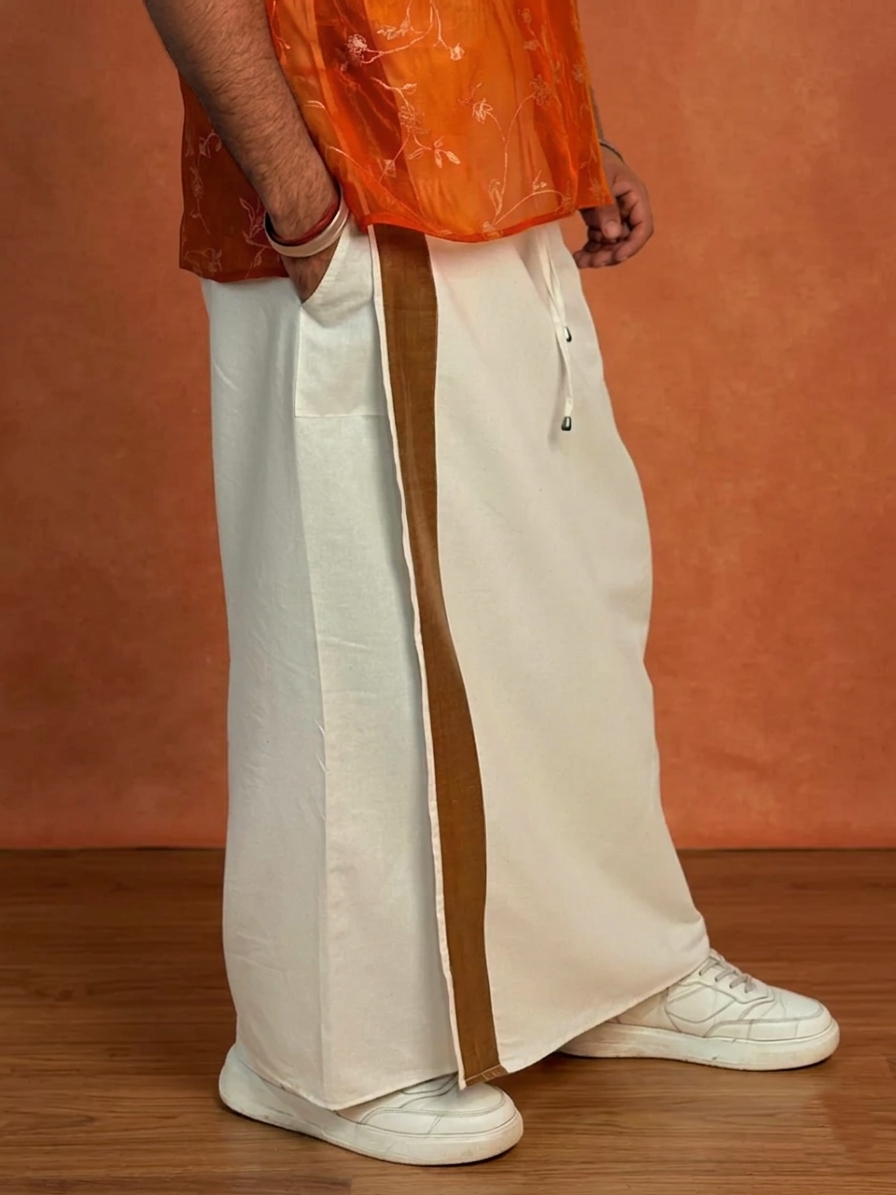 Men White Color With Copper Zari Stripe Pajamalungi