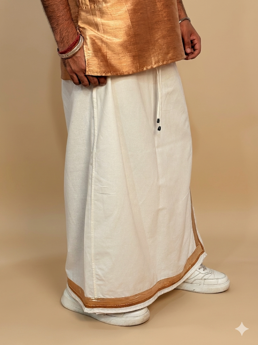 Men White Color With Copper Zari & beige Stripe Pajamalungi