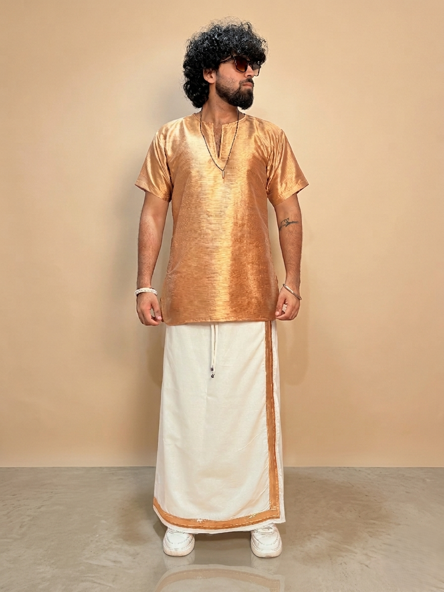 Men Golden Colour Mulberry Silk Kurta.