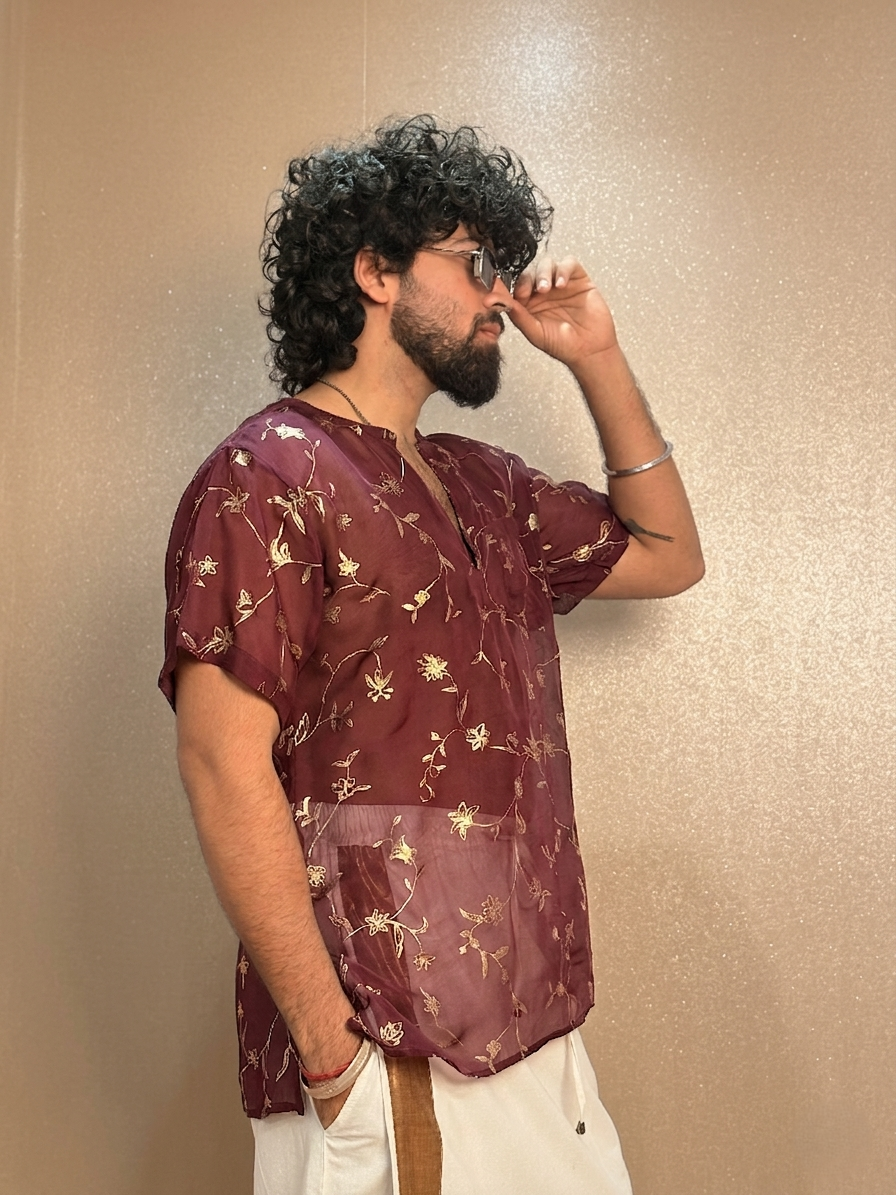 Men Wine Colour Viscose Organza Foil Print Kurta